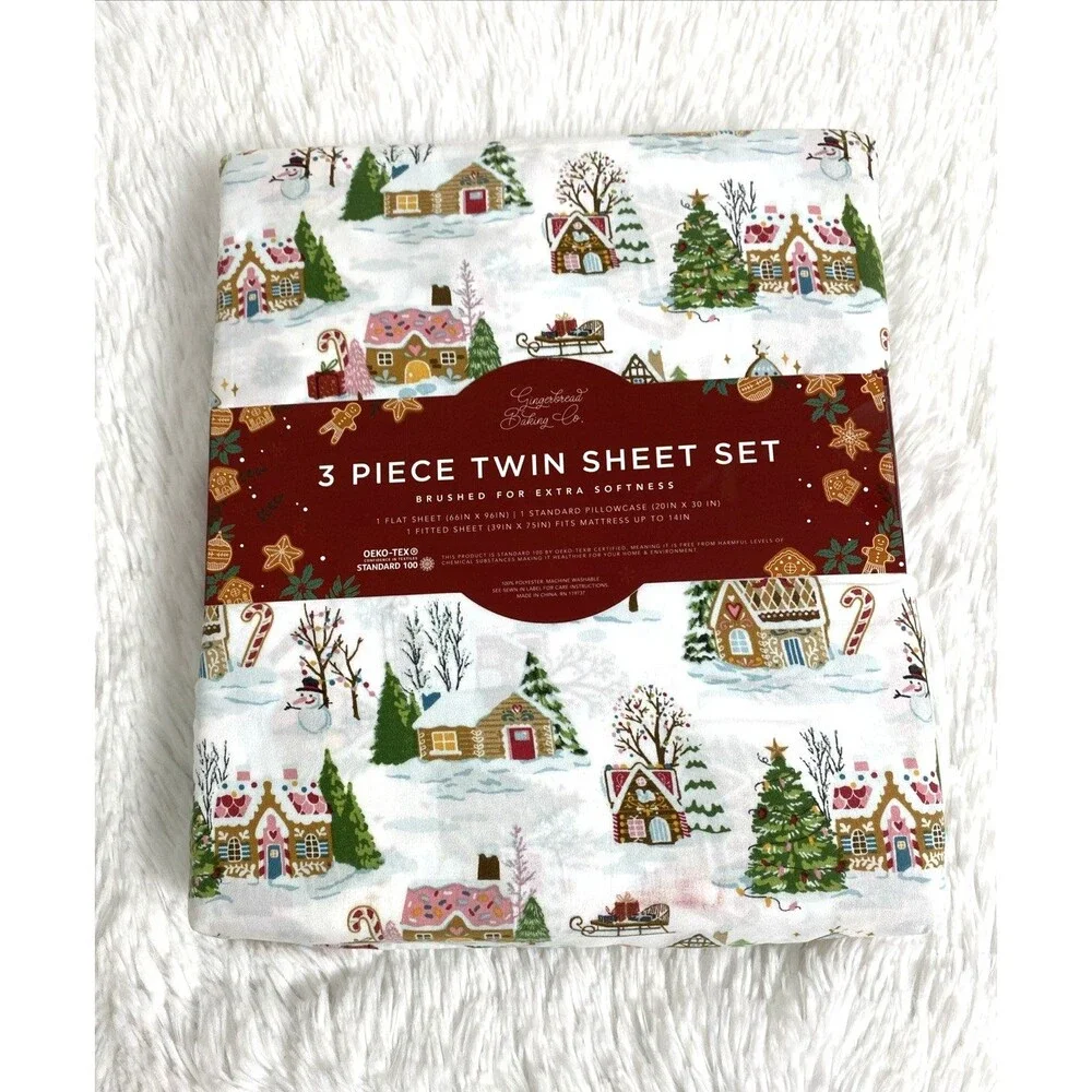 Envogue Gingerbread Town House Twin Sheet Set Christmas Pastel 3 Pieces Holidays